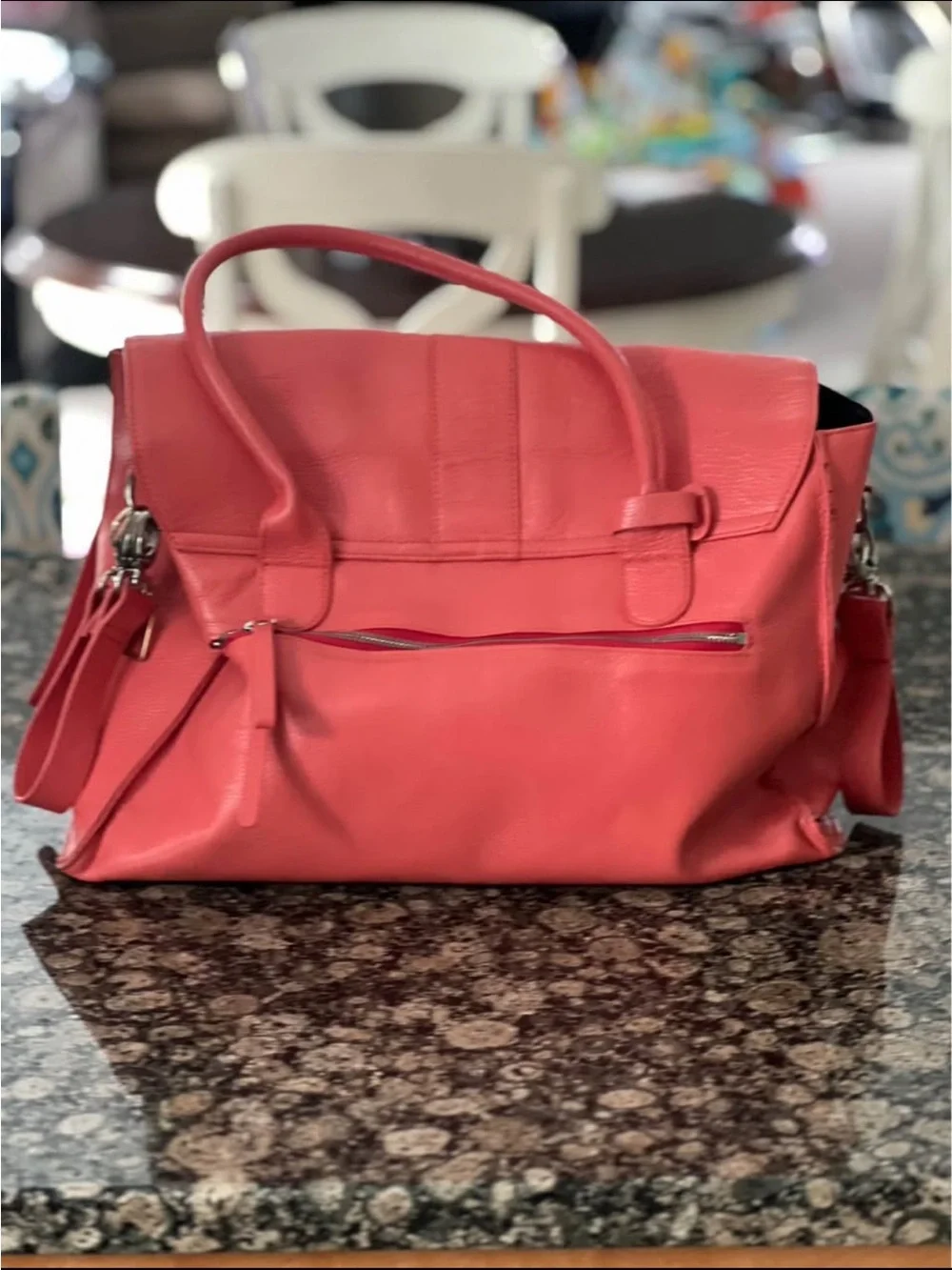 Structured Coral Leather Baby Bag with Silver Turn-Lock